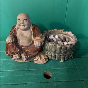 Zen Buddha Figurine with Stone Basket - Brown and Tan